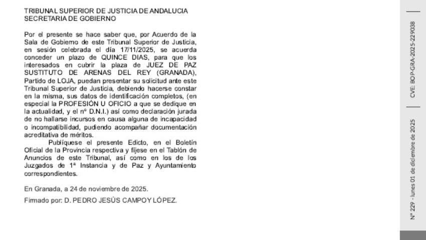 Edicto convocatoria Juez de Paz de Arenas del Rey